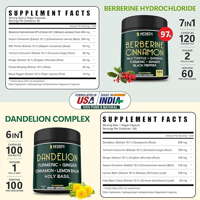 Bundle 7in1 Berberine HCl & 6in1 Dandelion Supplement - Support Immune, Digestion and Heart Health