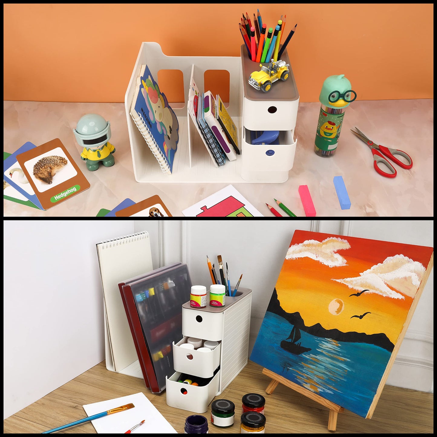 BELLE VOUS White Desktop Storage Organiser with 3 Drawers - PP Plastic Multipurpose Storage Box - Desk Top Shelf Rack for Office Supplies, Files, Books, Pens/Pencils, Stationery & Home Essentials