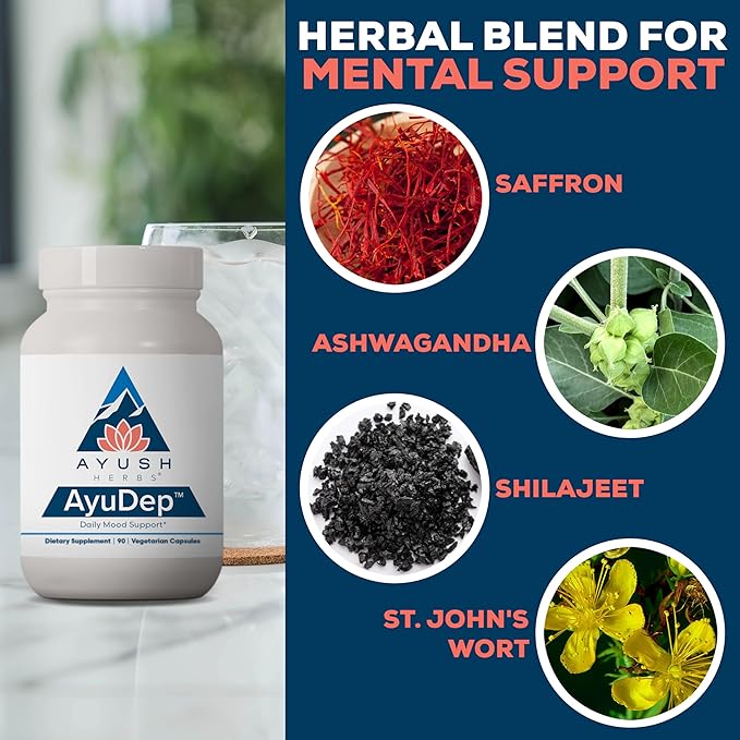 Ayush Herbs AyuDep - Saffron & Ashwagandha Supplements, Uplifting Formula for Women & Men, Herbal Support for Adults - 90 Vegetarian Capsules (1 Count)