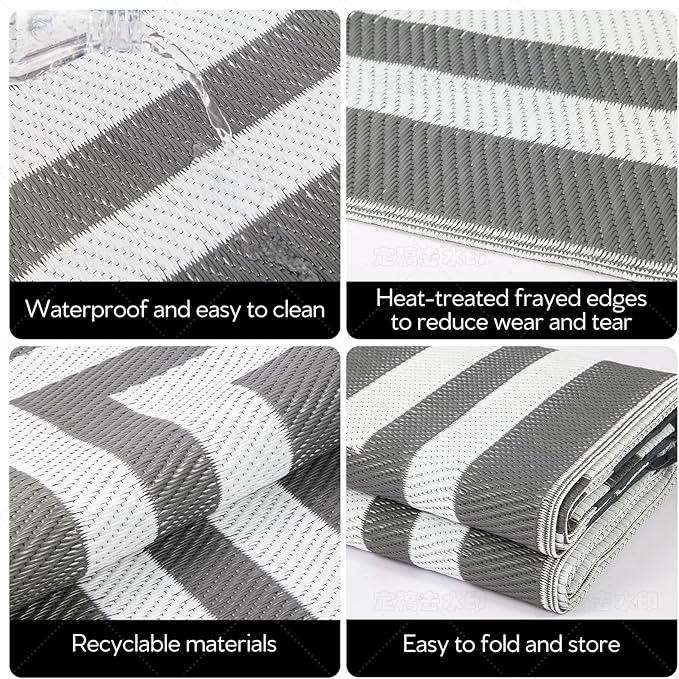 9'x 12' Outdoor Rug,Waterproof Reversible Patio Rugs,9x12 ft Plastic Straw Outdoor Carpet Foldable Plastic Camping Mat for Outside RV, Patio,Picnic,Camper,Balcony,Porch(Gray&White)