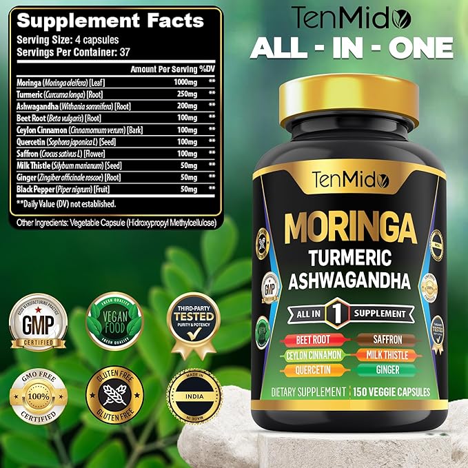 Moringa Oleifera Supplement for Men and Women, 10in1 Formula with Turmeric, Ashwagandha, Ceylon Cinnamon, Beet Root, Saffron & More - Energy, Immune Support - Nutrient Rich - 150 Capsules