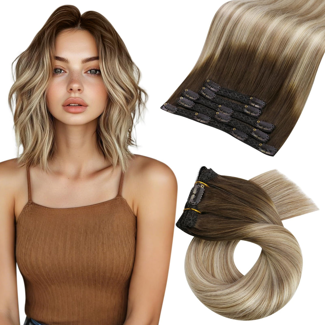 Moresoo Clip In Hair Extensions Remy Double Weft Human Hair Clip In Extensions Balayage Straight Hair Extensions For Women Ombre
