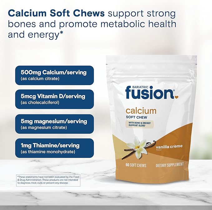 Bariatric Fusion Bariatric Calcium Chews | Calcium Citrate with Vitamin D3 Calcium Supplement Bariatric Vitamin | Sugar Free Calcium Citrate Chewable | Calcium Citrate 500mg | Vanilla | 60 Count