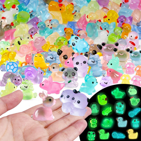 136PCS Mini Luminous Resin Animals, Cute Tiny Small Resin Animals Little Plastic Animal Figurines Small Ducks Bulk Glow in the Dark for Fairy Garden Dollhouse Plant Decorations