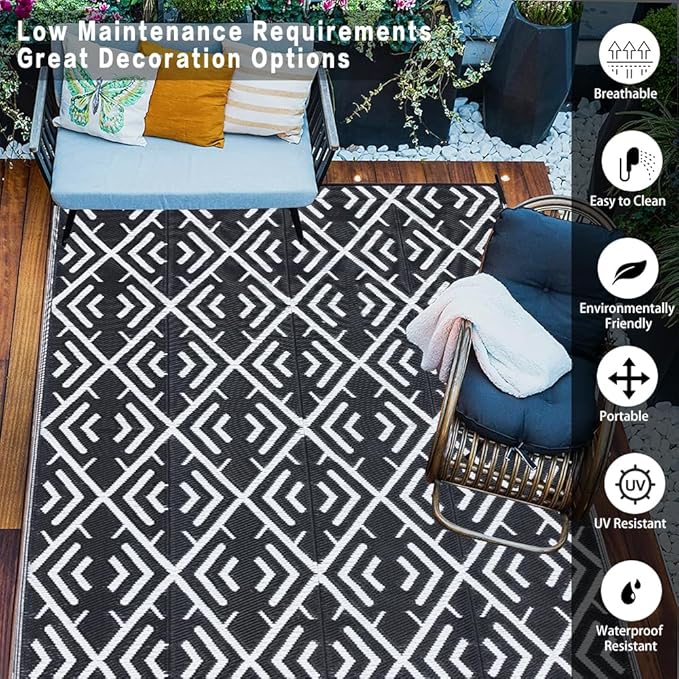 RV Outdoor Rug Waterproof Mat Outdoor Rugs 9'x12' for Patios Clearance Carpet Outdoor Camping Rugs Large Plastic Straw Rug(9x12ft Geometric Black&White)