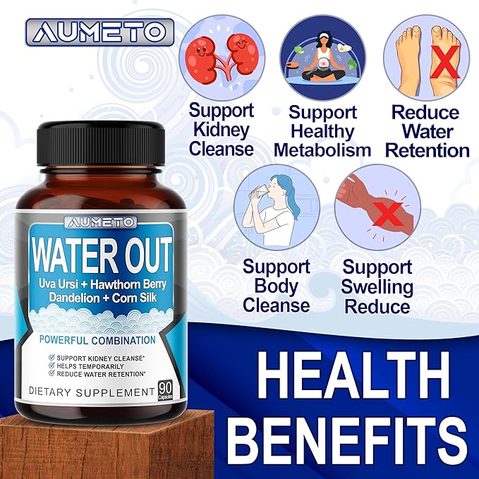 Ultra Natural Water Out Pills with Uva Ursi Hawthorn Berry Dandelion Corn Silk - Full Body Cleanse and Kidney & Stomach Support (90 Count (Pack of 1))