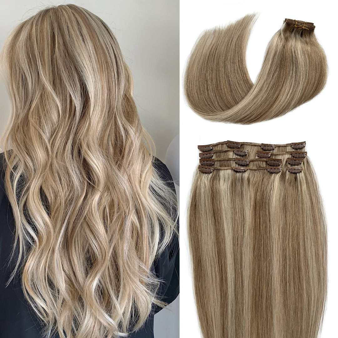 Remy Clip In Hair Extensions Human Hair Ash Brown And Platinum Blonde Real Hair Extensions Clip On Human Hair 22 Inch Long Seaml