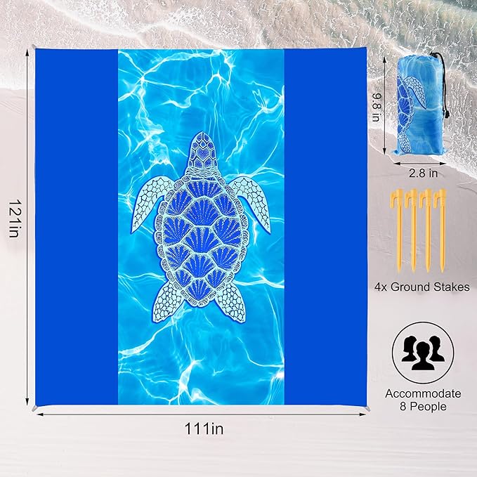 Sea Turtle Beach Blanket Waterproof Sandproof, 111x121Inch Sand Free Beach Mat, Quick Drying, Light Weight and Portable Outdoor Picnic Mat for Travel, Camping