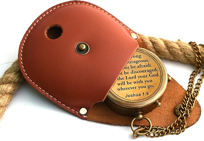 Be Strong and Courageous (Joshua 1:9) Brass Compass with wooden Box-Engraved Scripture Prayer Compass Religious Gift for Men & Women - Baptism, Confirmation, Communion Compass for Boys Graduation Gift