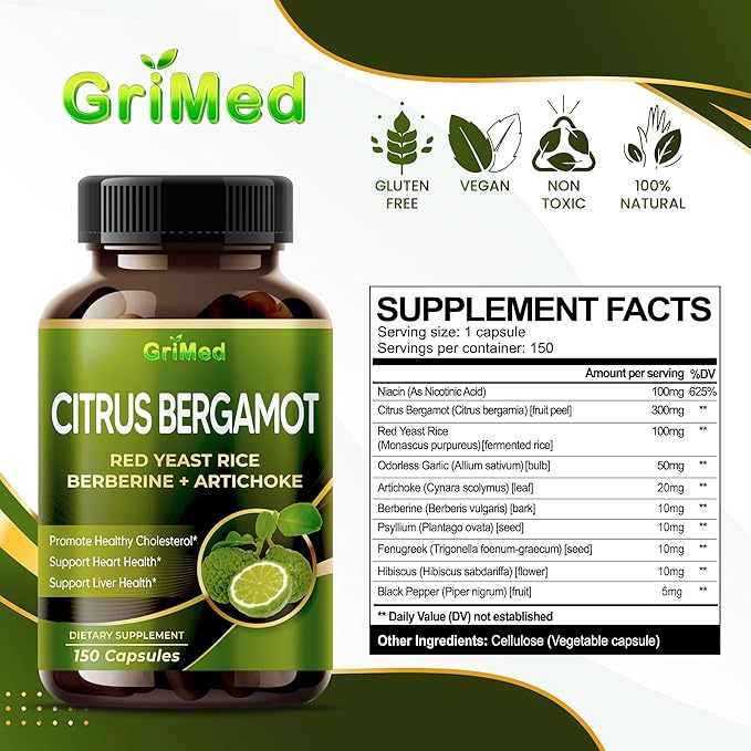 Citrus Bergamot 50:1 Extract 20,400mg with Red Yeast Rice, Garlic, Artichoke for Healthy Cholesterol, Heart Health - Made in The USA (150 Count (Pack of 1))