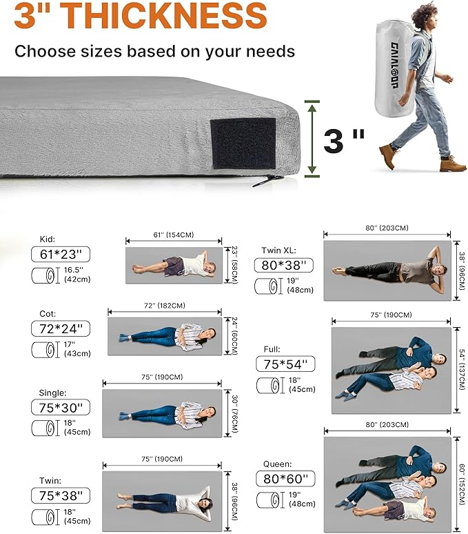 3 Inch GAIALOOP Thick Memory Foam Camping Mattress Sleeping Pad [Car/Tent/Cot] Glamping Portable Floor Mat Roll Up Futon Mattress for Guests Sleepover