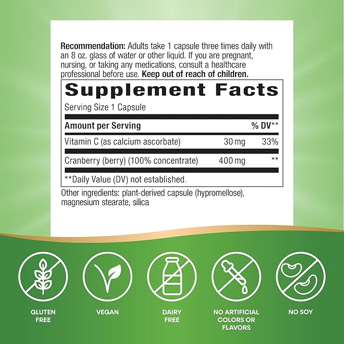 Nature's Way Premium Blend Cranberry, Urinary Tract Health Support*, with 100% Cranberry Concentrate, 400 mg Per Serving, 120 Capsules (Packaging May Vary)