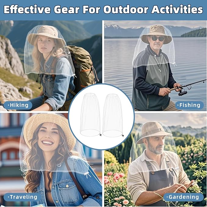 2 Pack Ultra Large Mosquito Net 42x25 Inches Mosquito Head Net Oversized Insect Netting Bug Fits Most Hats for Gardening Hiking Fishing Traveling(White)