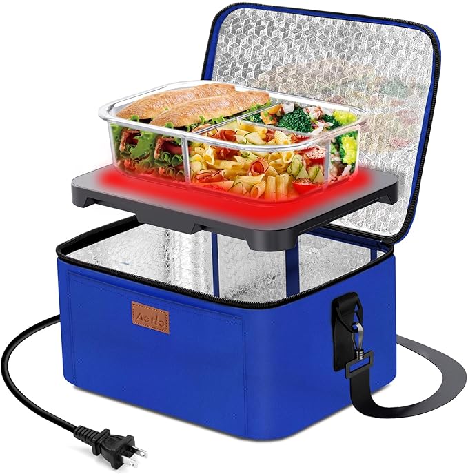 Aotto Portable Electric Lunch Box Food Heater - 110V Portable Oven and Food Warmer, Heated Lunch Box for Adults, Cook, Reheat, and Keep Meals Warm for Travel, Office, and Home - Blue