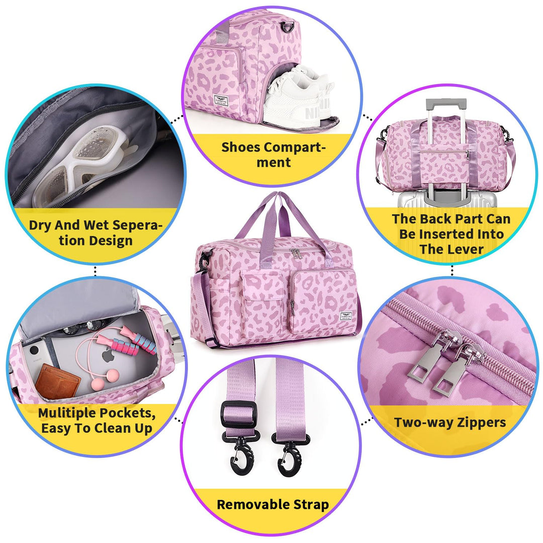 FIORETTO Women's Water-Resistant Gym Duffle Bag with Shoes Compartment, 37L Capacity, Multi-Functional, Ideal for Travel, Gym, Sports, Weekender, Leopard Print