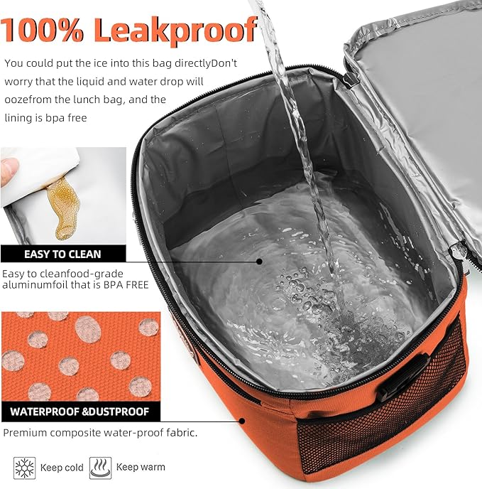 BEIMILY Lunch Box for Men/Women,Small Insulated Lunch Bag,Reusable LunchBox for work Picnic Beach,Leakproof Soft Cooler Tote Bag Organizer with Adjustable Shoulder Strap for Adults(Orange)