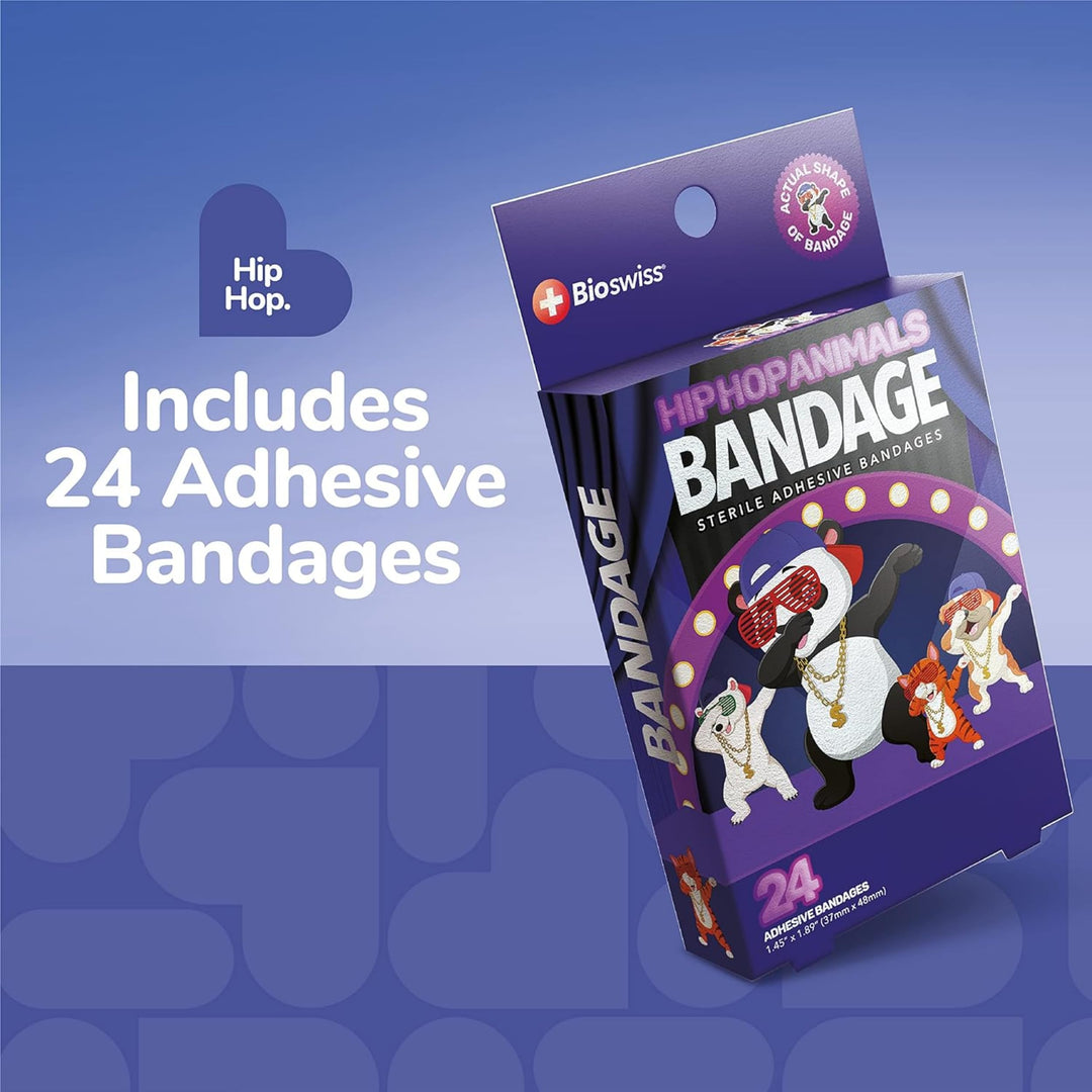 BioSwiss Bandages, Hip Hop Shaped Self Adhesive Bandage, Latex Free Sterile Wound Care, 24 Count