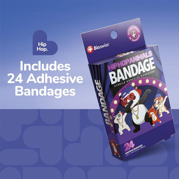 BioSwiss Bandages, Hip Hop Shaped Self Adhesive Bandage, Latex Free Sterile Wound Care, 24 Count