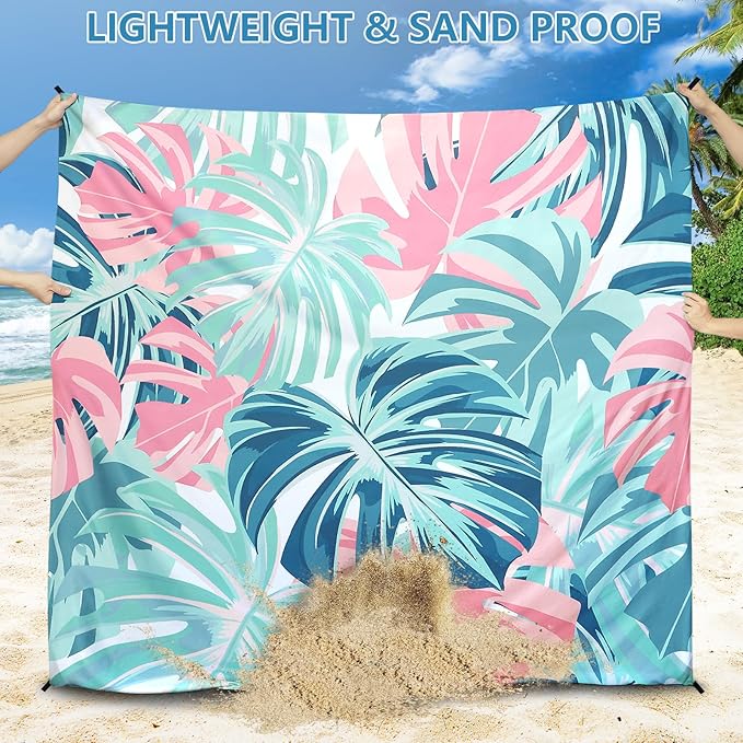 Beach Blanket Waterproof Sandproof Beach Mat for 1-8 Adults Quick Drying Durable Outdoor Picnic Mat for Beach Festival Travel Camping Hiking (Flamingoes-Palm, 79"×83"-4 Person)
