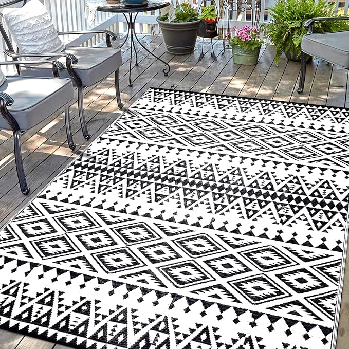 Waterproof Outdoor Rug 9x12ft, Bohemia Reversible Plastic Straw Mat for Patio RV Deck Porch Backyard Balcony Camping Picnic Beach Indoor Outdoor Carpet, Black&White