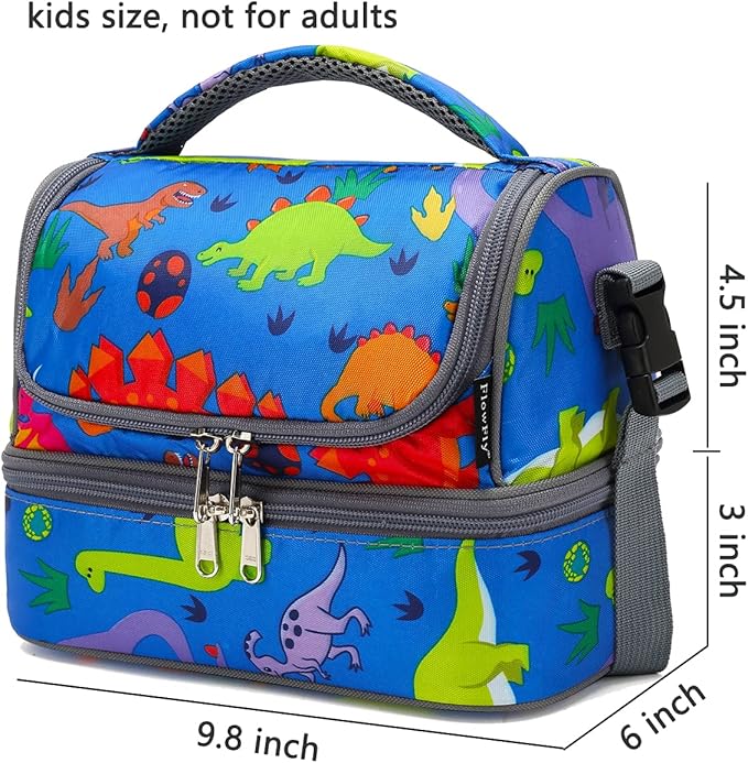 FlowFly Kids Double Decker Cooler Insulated Lunch Bag Large Tote for Boys, Girls, Men, Women, With Adjustable Strap, Dinosaur