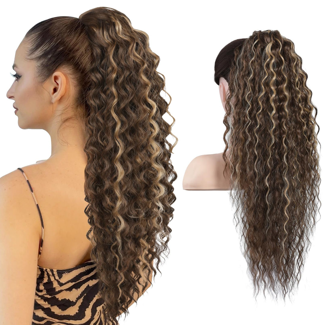 SEIKEA Ponytail Extension, PT005 Isabella 26" Long Bohemian Curly Drawstring Ponytail Light Fluffy Multi Layered Clip in Hair Extensions Ponytail Natural Soft Synthetic Hairpiece Light Brown/Blonde