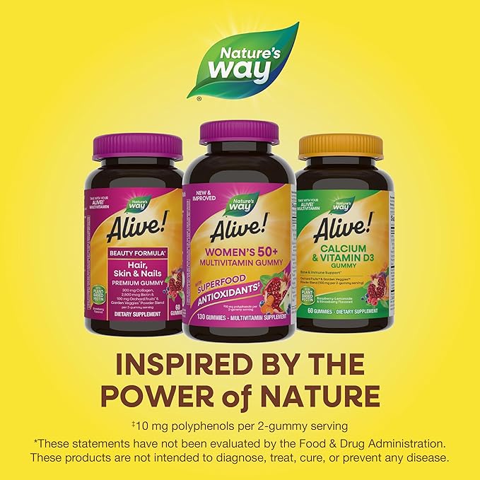 Nature's Way Alive! Women’s 50+ Daily Gummy Multivitamins, Supports Multiple Body Systems*, Supports Healthy Heart, Brain & Bones,* B-Vitamins, Mixed Berry Flavored, 130 Gummies (Packaging May Vary)