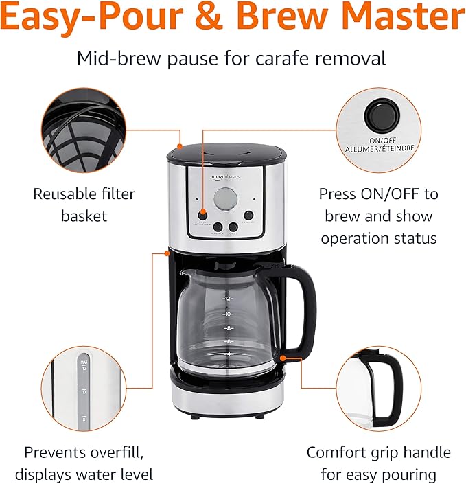 Amazon Basics Programmable Coffeemaker with Carafe and Reusable Filter, Stainless Steel, 12 Cups, Black