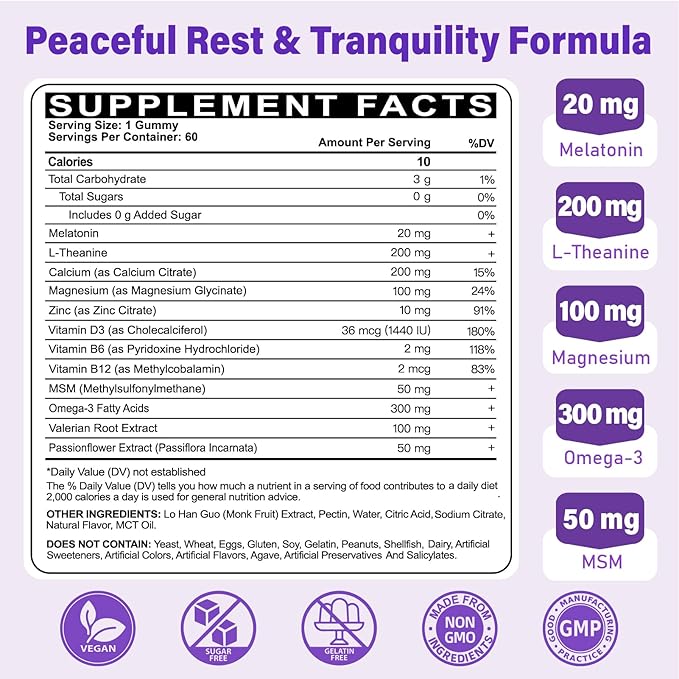 Melatonin Gummies 20mg for Adults - Maximum Strength Melatonin Gummies with L-Theanine, Magnesium, Omega-3, MSM, D3 & Zinc - Non-Habit Forming, Vegan, Non GMO, Natural Mixed Berry Flavor