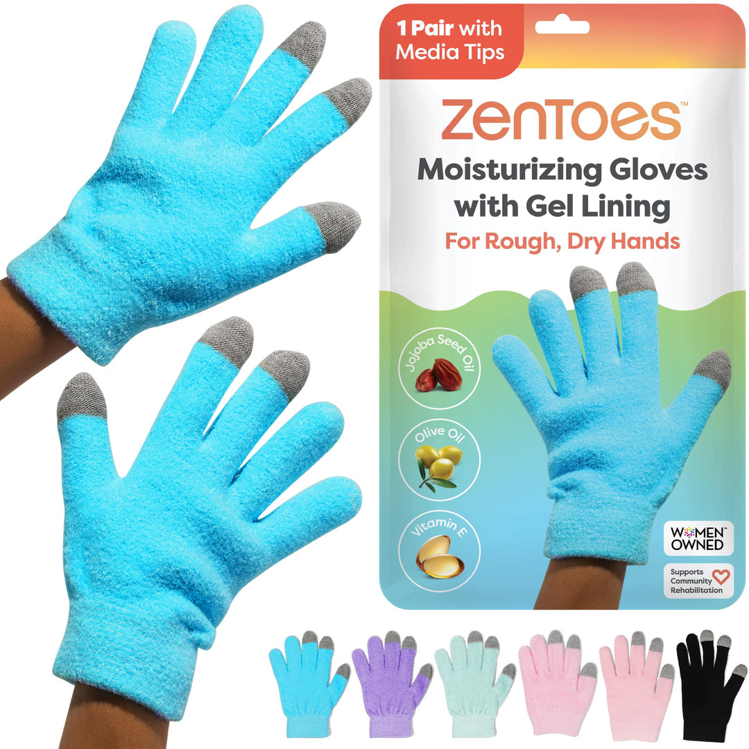 ZenToes Moisturizing Gloves for Dry Hands and Eczema, Gel Infused with Jojoba Seed Oil, Olive Oil and Vitamin E, Overnight Hand Moisturizer (OSFM, Fuzzy Blue with Media Tips)