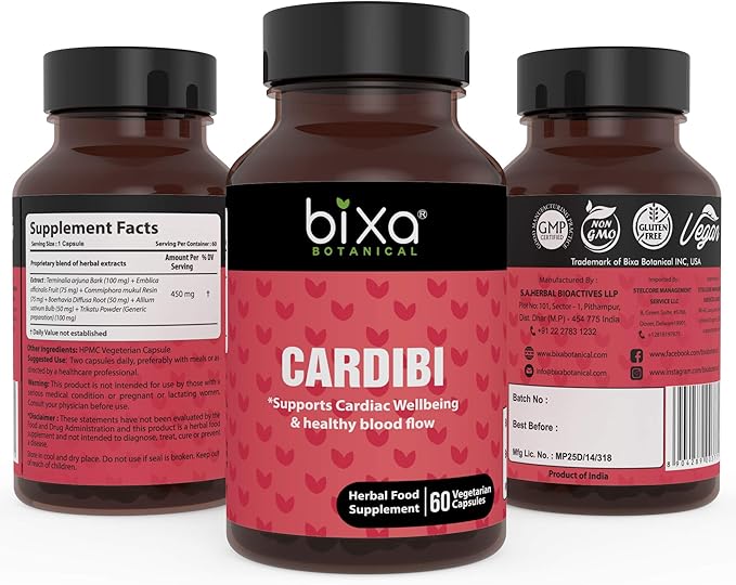 Ayurvedic Natural Herbal Supplement CARDIBI Capsules Pure Authentic Premium Quality 60 Veg Capsules (450mg) (with Arjuna,Guggul, Punarnava, Trikatu Powder and Garlic Extract)