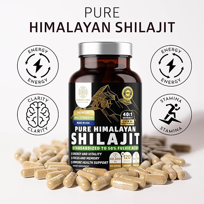Pure Himalayan Shilajit Supplement for Men and Women, [40,000MG, Max Strength] Contains 50% Fulvic Acid with Over 85 Trace Minerals to Support Energy, Brain and Immunity, 120 Veg Caps