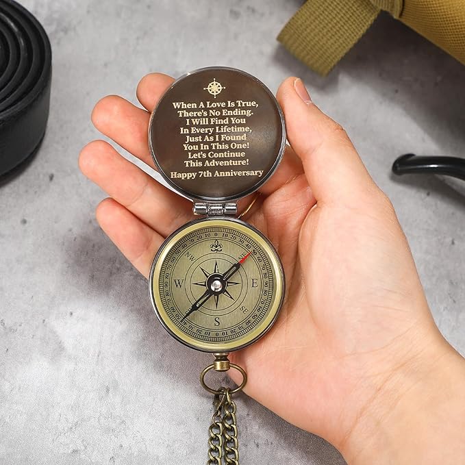 7 Year Anniversary Keepsake Gift for Him Her Engraving Quote Compass with Black Walnut Box 7th Anniversary Wedding Engagement Copper Gifts Couples Gifts for Men Women Husband Wife