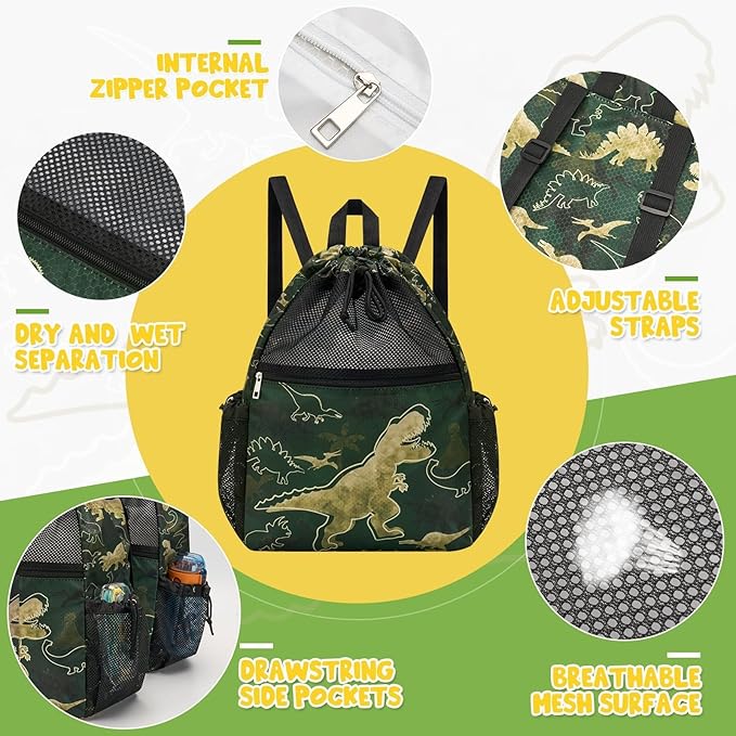 WAWSAM Dinosaur Kids Drawstring Backpack - Mesh Drawstring Bag for Boys Swim Bag with Waterproof Zipper Pocket Kids Beach Backpack for Swimming Pool Sport Yoga Travel Mesh Gym Bag