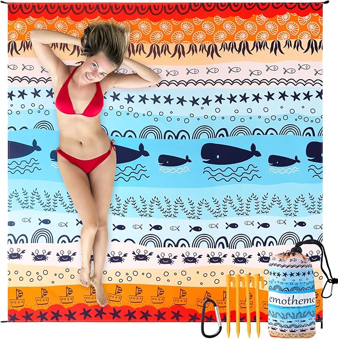 Beach Blanket, Sandproof Beach Mat 79" X 82" for 4-7 Adults, Large Waterproof Beach Blanket Quick Drying Lightweight Beach Blanket with 4 Stakes for Travel Camping Hiking (Sea World)