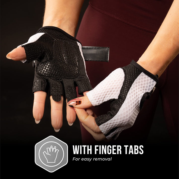 Contraband Pink Label 5307 Womens Designer Workout Gloves | Low Sweat Diamond Mesh Fabric w/Grip-Lock™ Silicone Palm (White, X-Small)