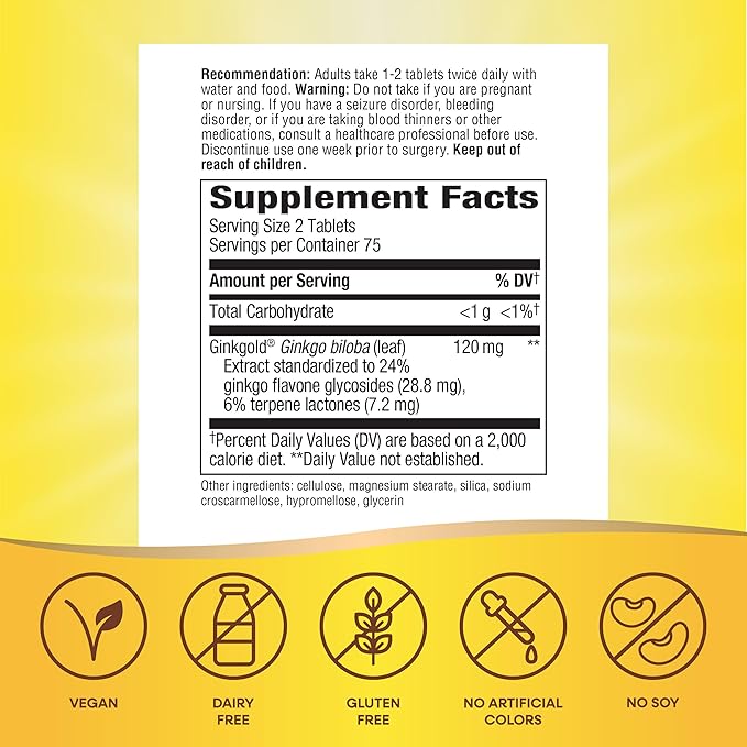 Nature's Way Ginkgold Advanced Ginkgo Extract, Supports Memory, Focus & Cognitive Function*, Ginkgo Biloba Extract, 150 Tablets (Packaging May Vary)