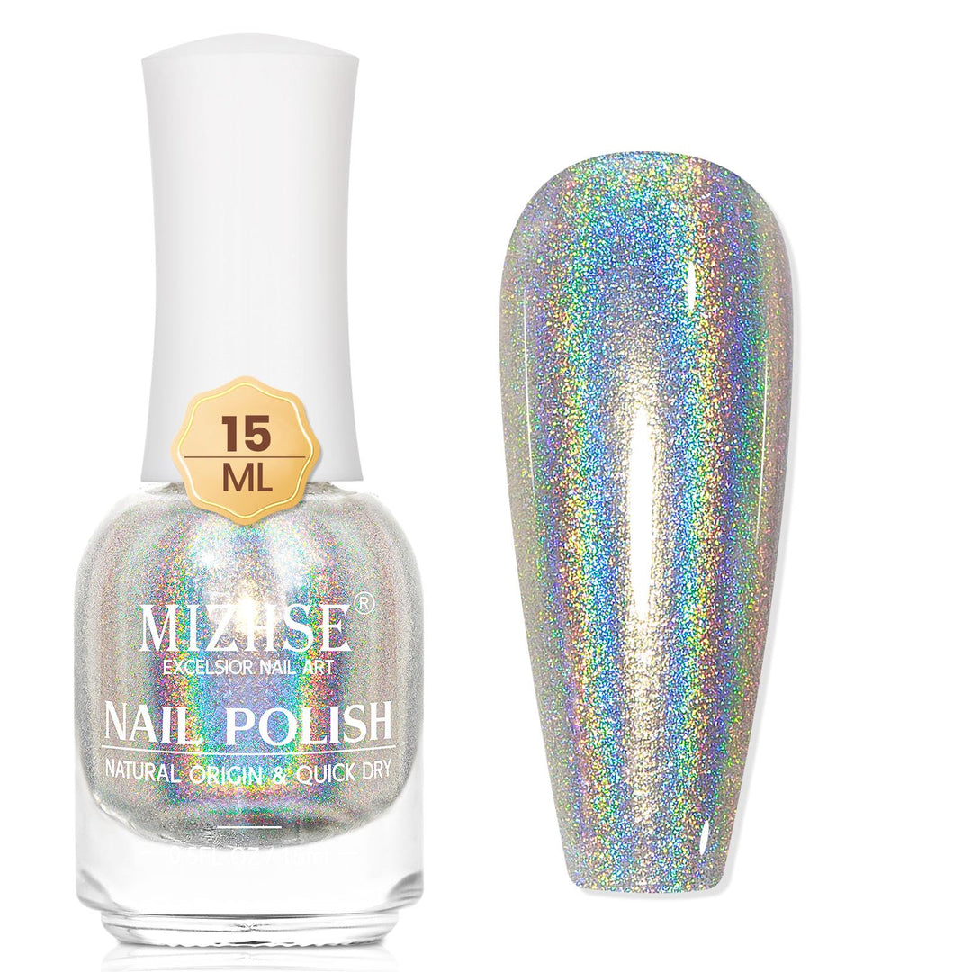 Mizhse Holographic Nail Polish, Silver Glitter Nail Polish Air Dry Fast, 15 Ml 0.5 Fl Oz High Glossy Shiny Nail Pigment Oil-Base