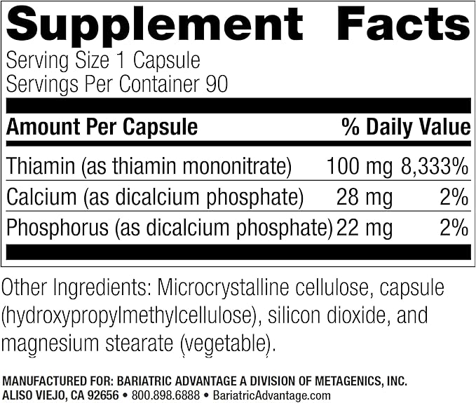Bariatric Advantage Vitamin B1 thiamin - 100 mg Thiamin Mononitrate - Easy Digest - Designed for Bariatric Patients - Supports Energy Production* - Bariatric Supplement - 90 Count