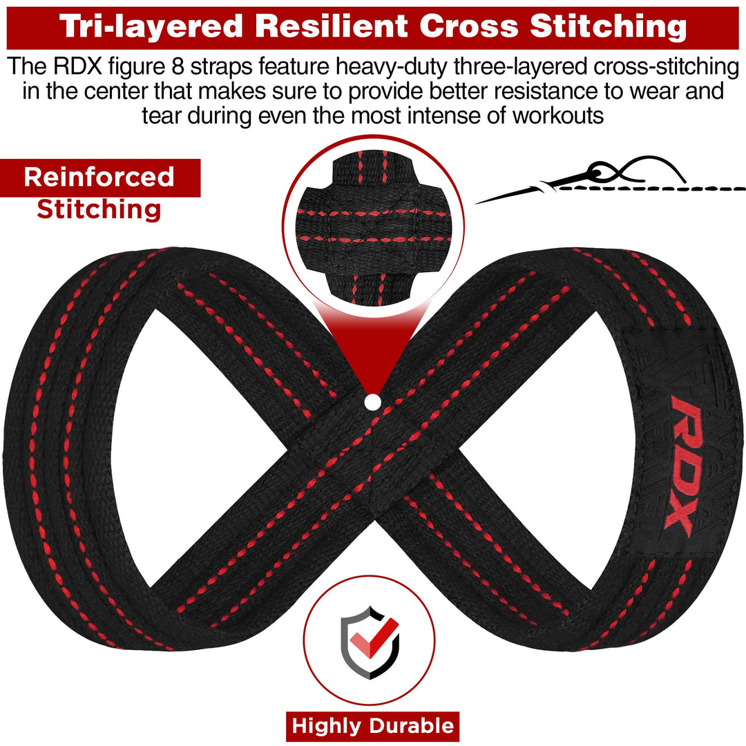 RDX Weight Lifting Straps Figure 8, Anti Slip Strap with Cuffs Wrist Support for Gym Workout Deadlift Powerlifting Bodybuilding Weightlifting, Fitness Strength Training, Hand Bar Grip for Men