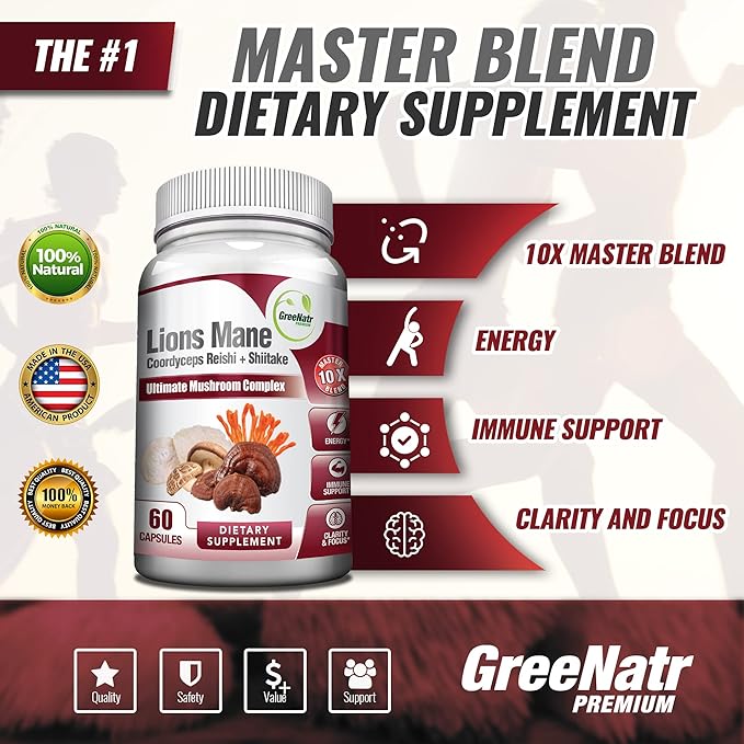 Complete Mushroom Supplement -10 in 1 Complex with Lions Mane, Cordyceps, Shiitake, Chaga, Turkey Tail for Immune Support, Memory, Focus & Natural Energy Booster - 180 Capsules (3 Bottles)