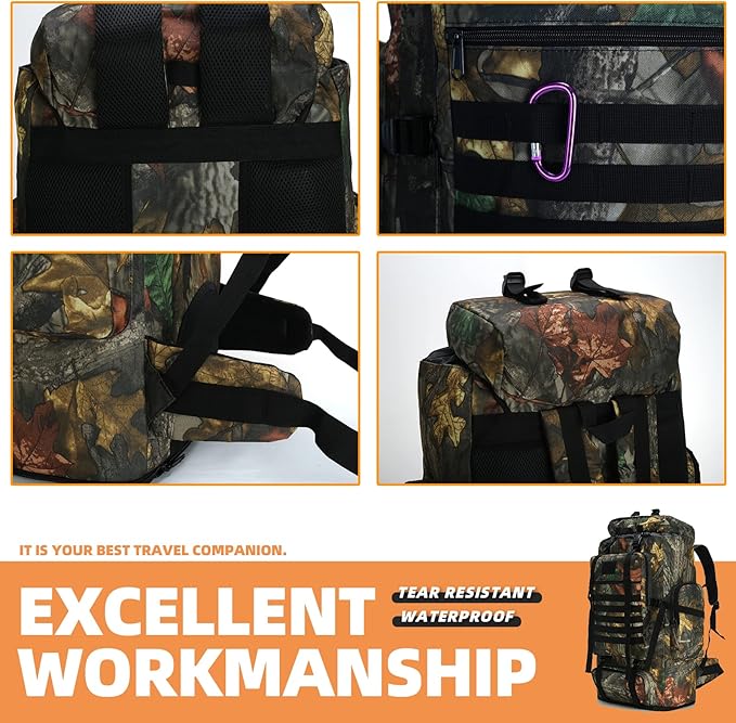 70L/100L Hiking Camping Backpack MOLLE Rucksack Waterproof Traveling Daypack Durable High-Performance Backpack for Backpacking (Leaf camo, 70L/100L)