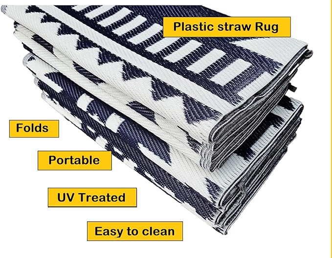 BalajeesUSA Outdoor Rugs 9x12 ft Large Plastic Patio Grey Dark Blue Affordable Multipurpose Woven Plastic Straw All-Weather Waterproof Reversible Camper mat Backyard Picnic Sports Camps Tent 7575