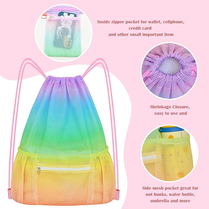 Mesh Drawstring Backpack, Large Sports Gym Bag for Women Kids with Pocket and Zipper Sackpack for Beach Yoga Football Soccer (Colorful)