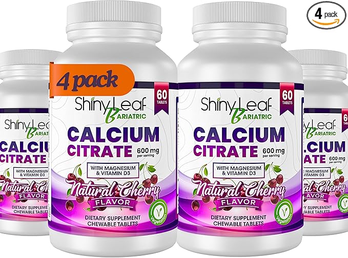 Shiny Leaf Bariatric Calcium Citrate Chews - 600mg, with Vitamin D 3 Plus Magnesium - Chewable Supplements for Women and Men, Bariatric Patients Vitamins for Bone and Joints Health, 240 Count, Cherry