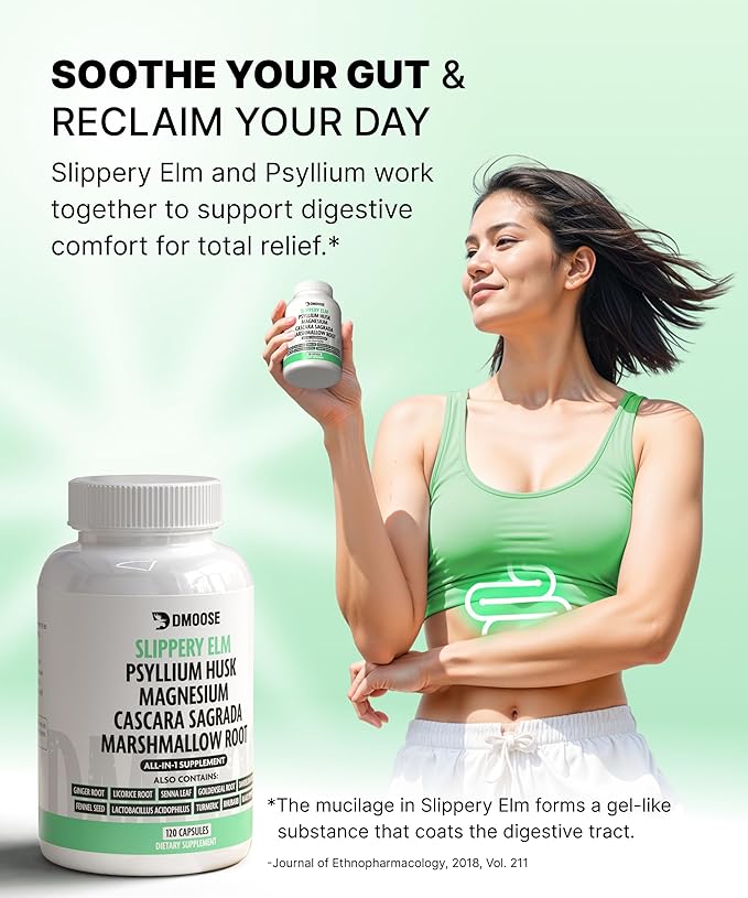 16 in 1 Slippery Elm Bark Supplement for Women & Men - Probiotic, Psyllium Husk, Cascara, Magnesium & Marshmallow Root Complex for Digestive Health & Leaky Gut Wellness - DGL Licorice Extract Capsules