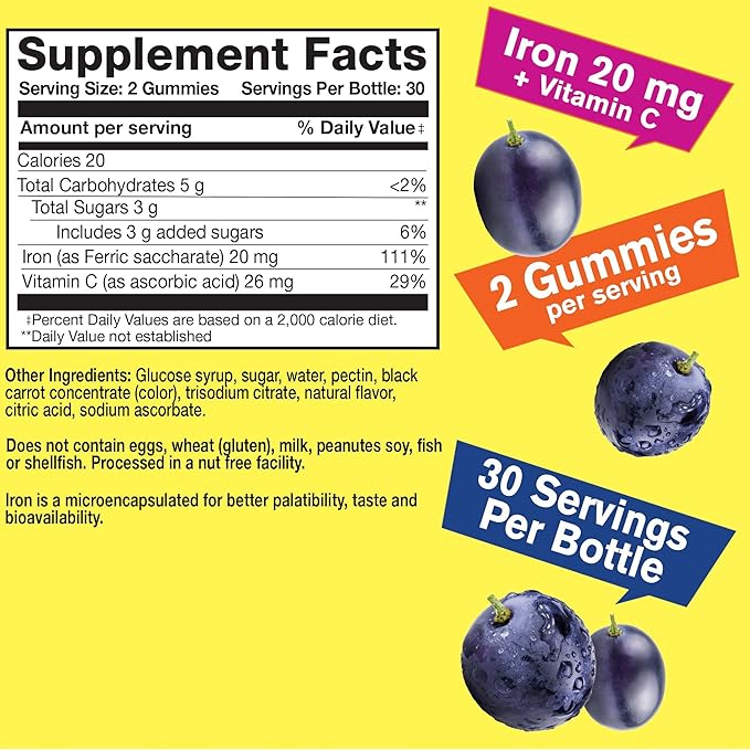 Iron Gummies with Vitamin C -Anemia and Cellular Energy Support, Promotes Red Blood Cell Formation - Energy & Immune System Support -Natural Grape Flavor-60 Gummies