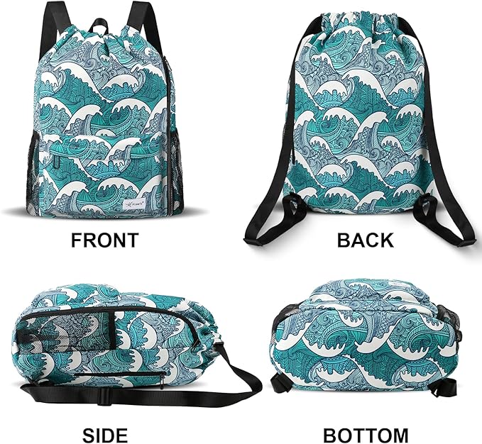 Drawstring Backpack with Mesh Pockets String Gym Bag Sackpack Sandproof Water Resistant Beach Backpack for Men Women