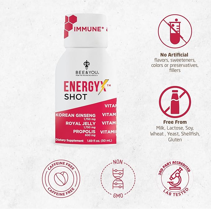 Bee and You Energy X Shot, 12 Pack, Korean Red Ginseng, Royal Jelly, Propolis, Caffeine Free Energy Drink, Vitamin C, B3, B6, B12, Immune Support Supplement, Antioxidants, Pomegranate Flavor