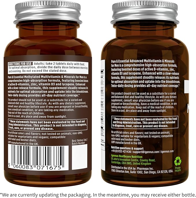Igennus Methylated Men's Multivitamin, MTHFR Supplement with Active B-Vitamins, 22 Highly Bioavailable Nutrients, Multivitamin for Sustained Release, Clean Label, Non-GMO & Halal 60 Tablets